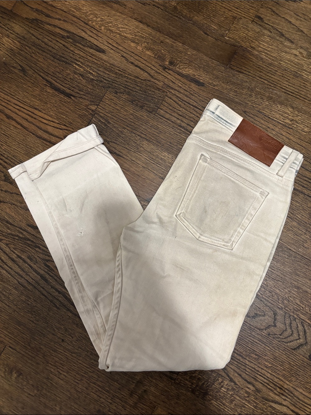 Naked & Famous Weird Guys Denim Off-White / Cream Jeans with Brown Leather Patch